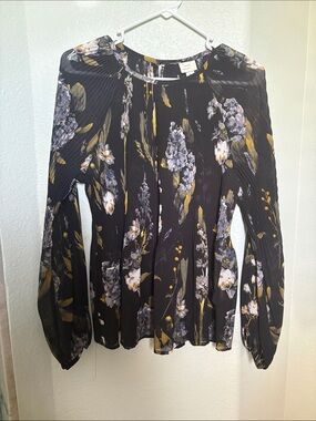 a new day Black Floral Pleated Long-Sleeve Blouse with Yellow Accents